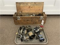 Assortment of Vintage Fishing Reels & Crate