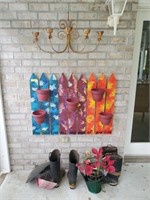GROUP LOT- WALL HANGING DECOR, FIRE BOOTS, MISC