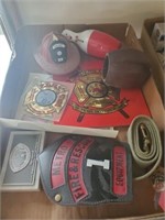 TRAY LOT OF FIREMAN ACCESSORIES, STICKERS,