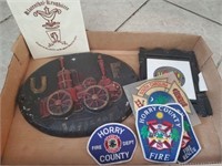 TRAY OF FIREMAN PLAQUES, PATCHES,
