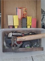 TRAY OF VINTAGE CARS, TRUCKS, MISC HAND TOOLS