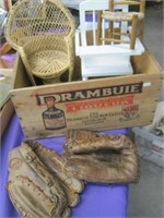 Drambuie box, 2 baseball mitts, doll furniture