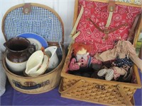 2 picnic baskets w/raggedy doll-pitchers-crocks