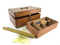 Antique Wood Drafting Box with Drafting Supplies