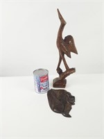 Statuette oiseau & visage sculptés en bois