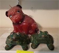 CAST IRON FROGS AND BULL DOG CANDLE
