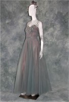 1940s Long Blue Net Tulle Gown