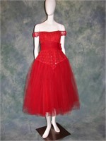 1950s Red Tulle, Lace, Rhinestone Party Dress