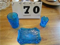 3 blue glassware items