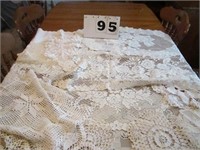crocheted and tatted doilies and table runner