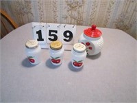 Fire-King salt and pepper shakers and jar with lid
