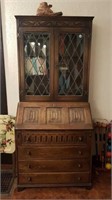 ANTIQUE SLANT FRONT DESK WITH LEADED GLASS DOORS