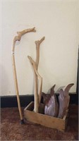 CARVED WALKING STICK + DRIFTWOOD PIECES