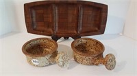 WEAVEWOOD TRAY + 2 SIGNED POTTERY SOUP BOWLS