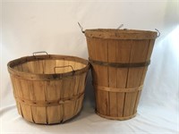2 Wood Slat Bushel Baskets Round/Tall