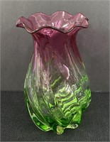 Berry & Green Ruffled Top Variegated Glass Vase