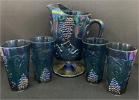 Carnival Glass Pitcher & Four Cups Purples