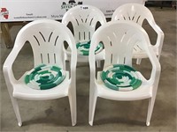 4 WHITE LAWN CHAIRS W 3 PADS