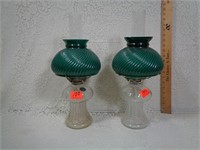 Pair of Oil Lamps, Green Shades, 19" Tall