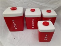Vintage Red Plastic Canister Set, Sugar has Crack