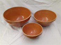 3 Ovenware U.S.A. Mixing Bowls. One has hairline.