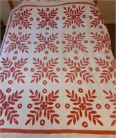 Red Floral Quilt Shows Wear, Fading & Few Stains