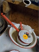 RED WHITE ENAMEL BOWL AND POTS