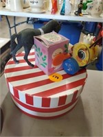 STRIPPED HAT BOX AND VINTAGE TOYS