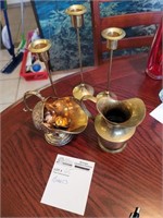 Brass Candlesticks, Pitcher and silver plated dish