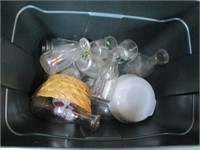 TOTE OF MILK BOTTLES/PYREX AND TOTE