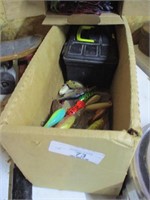 BOX OF FISHING LURES, PLASTIC WORMS AND TACKLE BOX