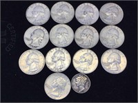 13 Silver Washington Quarters and Mercury Dime -