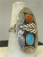 Sterling Silver SW Ring with Turquoise and Coral
