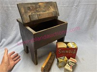 Antique Shinola shoe shine box & extras