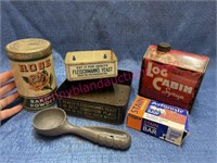 (4) Old Advertising tins -ice cream scoop -soap