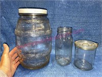 Large glass jar w/ lid & 2 other jars