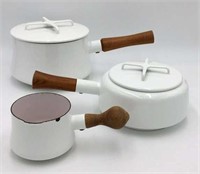 3 Dansk Kobenstyle Enameled Pots with Teak Handles