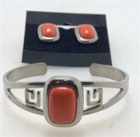 Coral Silver Cuff and Earring Set