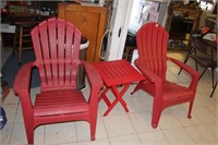 Red Plastic Adirondack Chair/Table Set