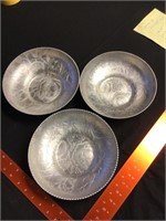 3 very similar  hand wrought aluminum bowls