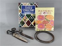 Old Sewing Shears, Books, Embroidery Hoops