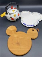 Mickey Cutting Board, Teapot and Birthday Platter