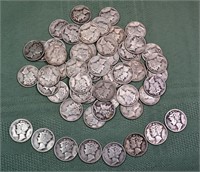 54 US Mercury silver dimes: 1917, 1925, (6) 1930's