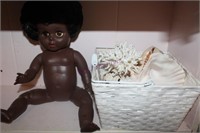 Basket Of Sea Shells And Doll Lot