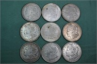 Nine US 1921 Morgan silver dollars