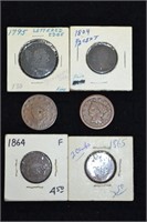 Lot 6 US coins: 1795 one cent, 1804 half cent, 183