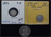 Lot 3 US silver coins: 1834 25 cent, 1854 Unc. hal