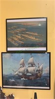 2 sailing ship prints - one is advertising Cunard