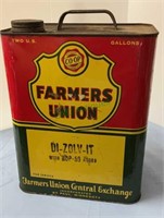 Vintage 2 gallon oil cans marked Farmers