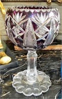 Tall Amethyst Cut Glass Pedestal Rose Bowl